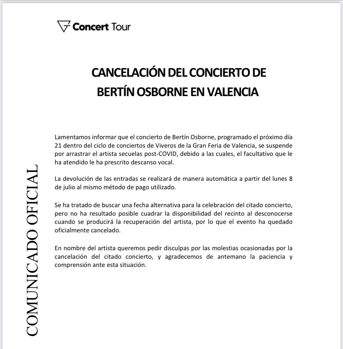 COMUNICADO CONCERT TOUR CANCELACIÓN CONCIERTO BERTÍN OSBORNE 21 DE JULIO