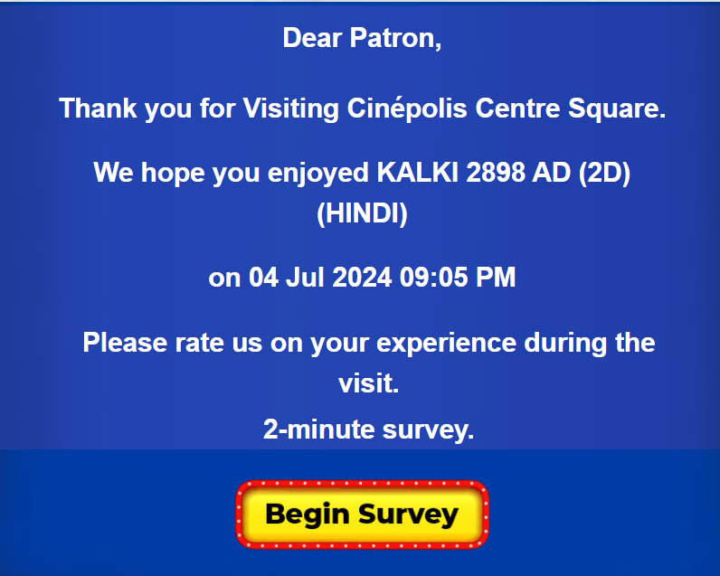 geethapradeep's tweet photo. I am appalled at the audacity! After canceling our show 12 hours back, they send a feedback survey 12 hours before show time!! [slow clap] 
.
#kuchbhi #cinepolis #butwhy #showcancelled #Kalki2898 #kalki2898adbooking https://t.co/q1Nk6yaiR3