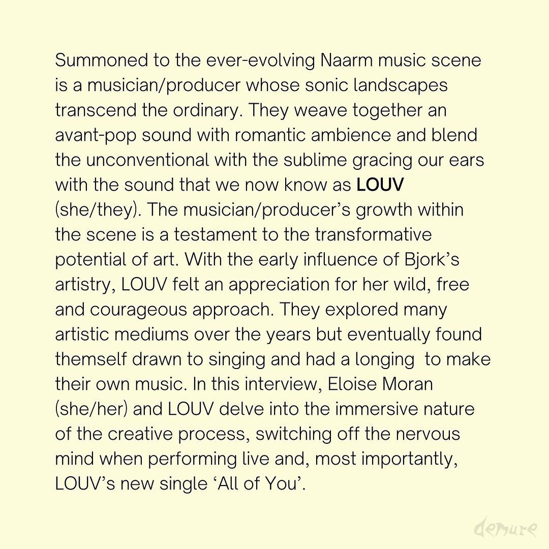 Demure Magazine on LOUV's new music video for 'All of you'

First photo by <a href="/pickupjosh/">Josh Pickup</a>

#musicartist #avantpop #experimentalartist #multidisciplinaryartist