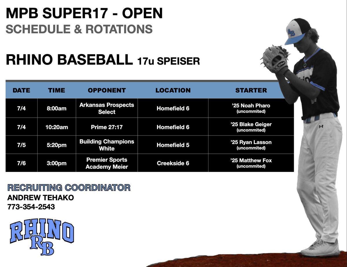🚨🚨SCHEDULE &amp; ROTATION 🚨🚨

                         17u Speiser
              MPB Super17 - Open
            
            📍Kansas City, MO📍