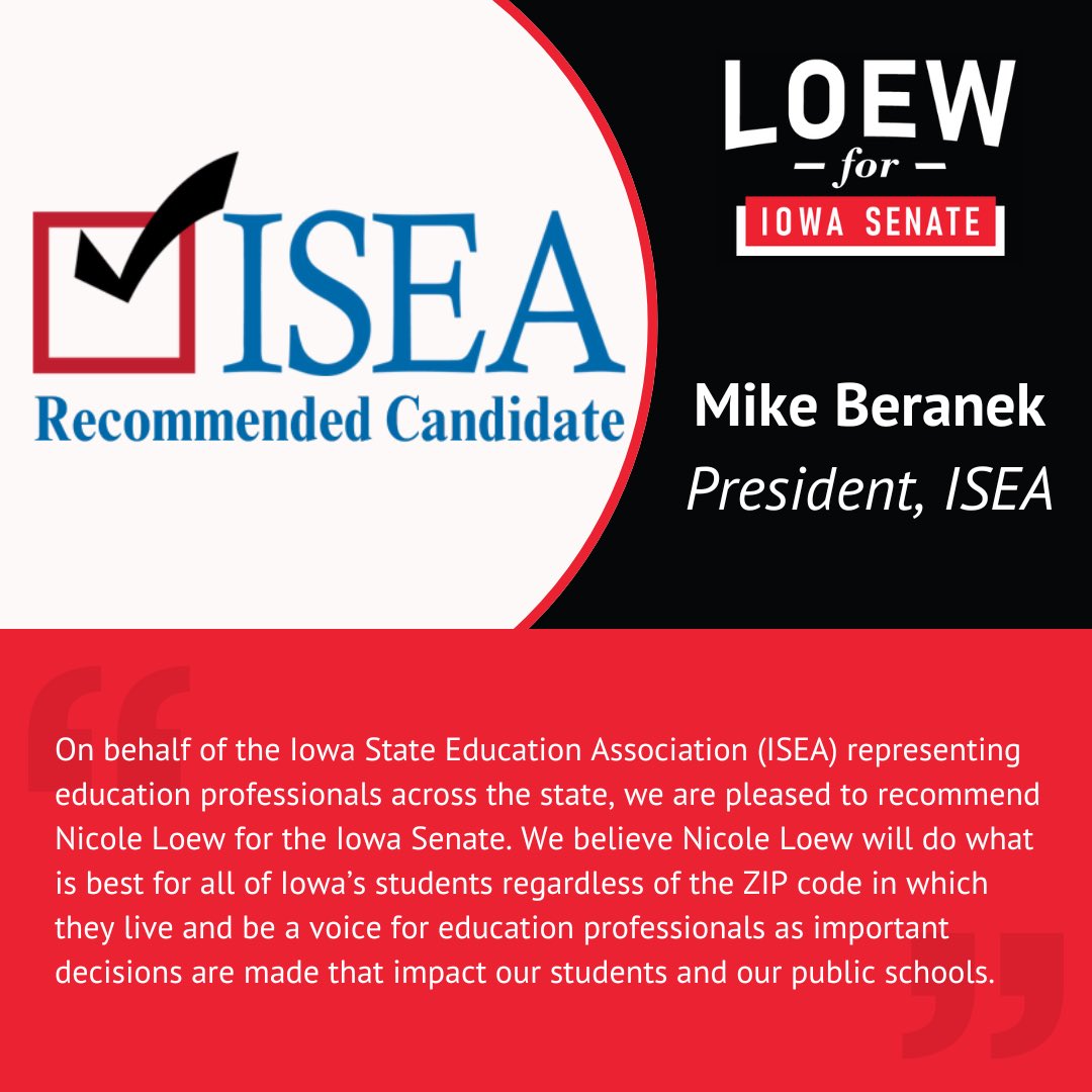 🚨Endorsement Alert!🚨

We are so proud and excited to have earned the endorsement of ISEA! Educators in Iowa have been under attack for years. It’s time we have a state senator in District 12 who recognizes they deserve better.