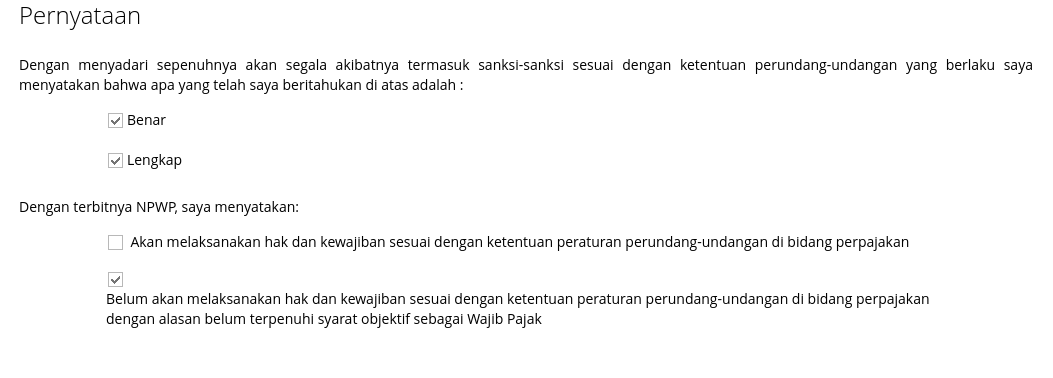 rzqikaps's tweet photo. @kring_pajak hi min, mau nanya
1. kenapa pas udh klik "akan melaksanakan hak dan kewajiban..." pas diback lagi ternyata berubah sendiri menjadi "belum akan melaksanakan" (pict 1)
2. tidak bisa klik simpan terus"an padahal data lengkap:( https://t.co/e9iH8MpmUH