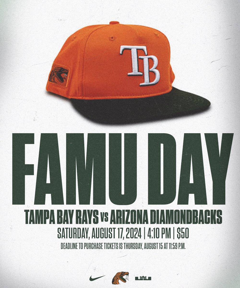 FAMUAthletics's tweet photo. Rattler Nation,

@RaysBaseball has a special package for an exclusive FAMU x TB hat when they play the Arizona Diamondbacks on August 17, 2024!

Purchase your package today and plan your trip to the Trop!

🎟 https://t.co/FB5Xy0PhP3

#FAMU | #FAMUly | #Rattlers | #FangsUp 🐍 https://t.co/vcvlRMCfAH