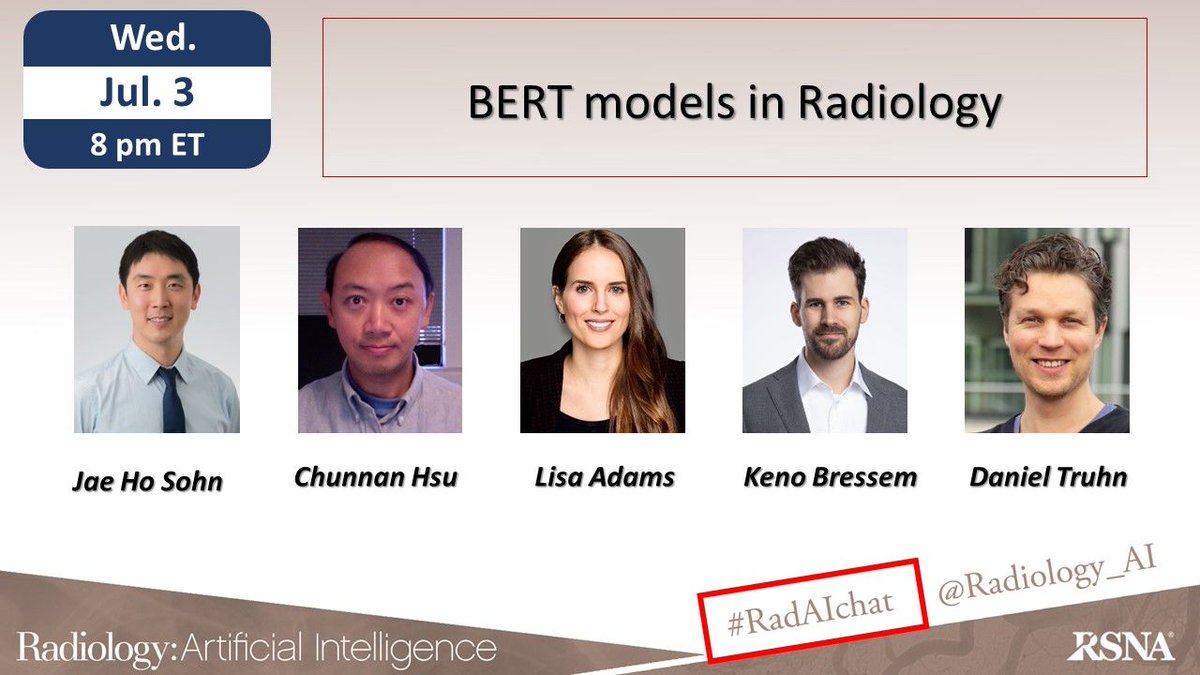 Radiology: Artificial Intelligence (@radiology_ai) on Twitter photo Welcome to the July #RadAIchat on "BERT models in #Radiology" moderated by <a href="/LCAdamsRad/">Lisa Adams</a> and panelists <a href="/ChunNanHsu/">Chunnan Hsu PhD</a> <a href="/sohn522/">Jae Ho Sohn, MD, MS</a> <a href="/DanielTruhn/">Daniel Truhn</a> <a href="/k_bressem/">Keno Bressem</a> #radiomics #AI #DL #radres <a href="/RSNA/">RSNA</a> <a href="/HElhalawaniMD/">Hesham Elhalawani</a> <a href="/cekahn/">Charles Kahn, MD</a>
Please introduce yourself and always remember to add #RadAIchat Welcome to the July #RadAIchat on "BERT models in #Radiology" moderated by <a href="/LCAdamsRad/">Lisa Adams</a> and panelists <a href="/ChunNanHsu/">Chunnan Hsu PhD</a> <a href="/sohn522/">Jae Ho Sohn, MD, MS</a> <a href="/DanielTruhn/">Daniel Truhn</a> <a href="/k_bressem/">Keno Bressem</a> #radiomics #AI #DL #radres <a href="/RSNA/">RSNA</a> <a href="/HElhalawaniMD/">Hesham Elhalawani</a> <a href="/cekahn/">Charles Kahn, MD</a>
Please introduce yourself and always remember to add #RadAIchat