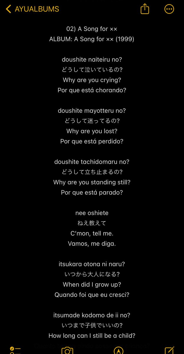 ayuarchives's tweet photo. hello ayunation! in order to practice my japanese i’ve been making my own translations of ayu lyrics for the past years and i’d like to share them with you now. full discography kanji+romaji lyrics and english+portuguese trans:  https://t.co/ZePfpYRmap
#ayumihamasaki #浜崎あゆみ https://t.co/HvuBapC28N