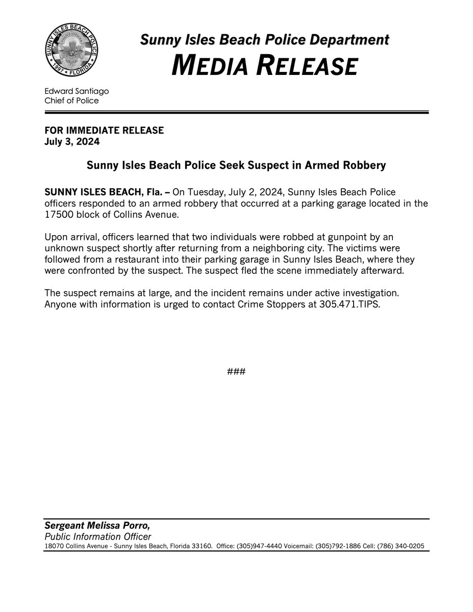 SIBPD's tweet photo. Sunny Isles Beach Police Department Media Release: https://t.co/dvBww8iaVe