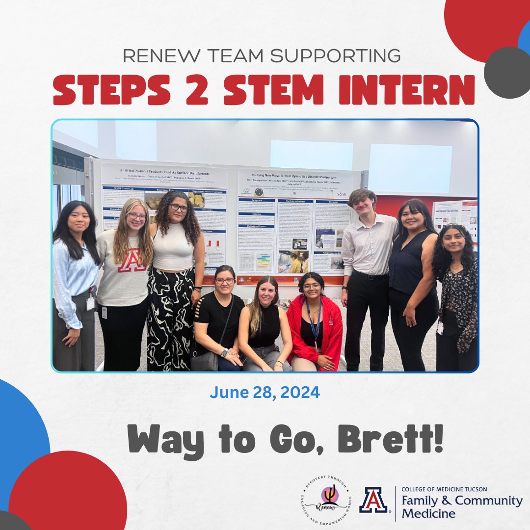 renewteamUA's tweet image. On June 28, 2024, the RENEW Team and summer interns attended the annual STEPS 2 STEM Research Exhibit in support of our summer intern, Brett Baumgartner at the University of Arizona Health Sciences building. 
#UArizona #studentsinstem #summerinternship #highschool