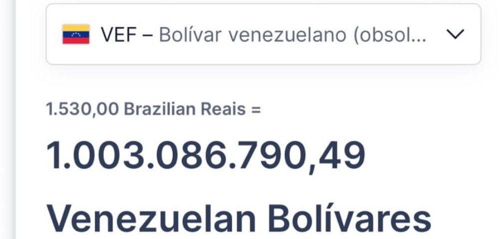 Quando digo que comunismo não dá certo: 1530 reais = mais de 1 bilhão de bolívares. Lembrando LULA É MADURO e MADURO É LULA.