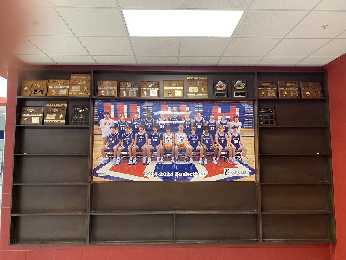 The new Heritage Patriot basketball plaque wall is now complete. It sits right outside the main gym doors. We honor our previous team’s successes &amp; look forward to our future Patriot teams filling it up. 
GO PATS! 

Special thanks to Ideal Cabinet shop for their excellent work.