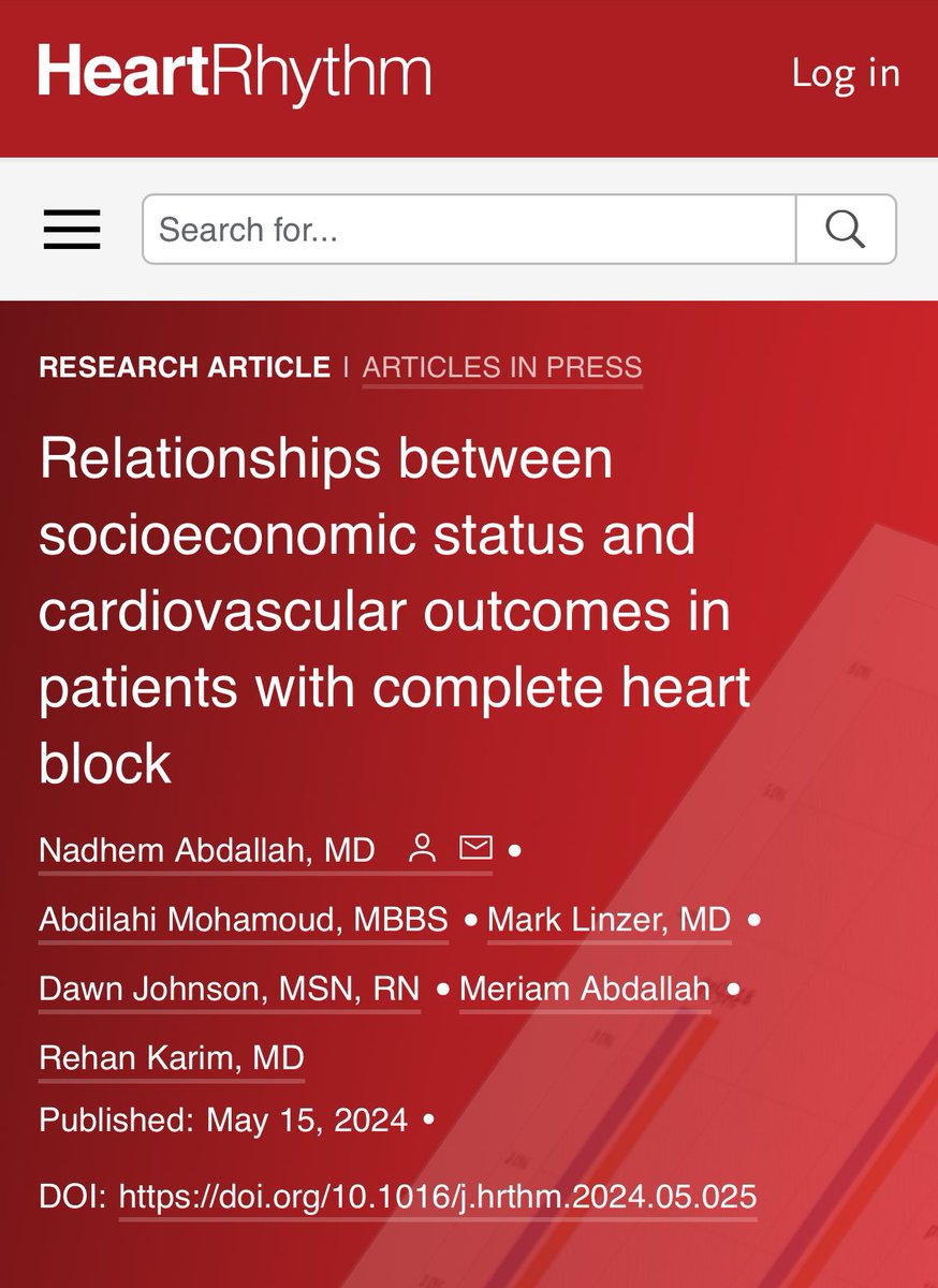 🚨 PUBLICATION ALERT 🚨

Our latest research in @HRS_Journal: SES disparities impact outcomes in complete heart block patients. Lower income linked to:
• Less early pacemaker use
• Higher in-hospital mortality
• More adverse events
#CardioTwitter

doi.org/10.1016/j.hrth…