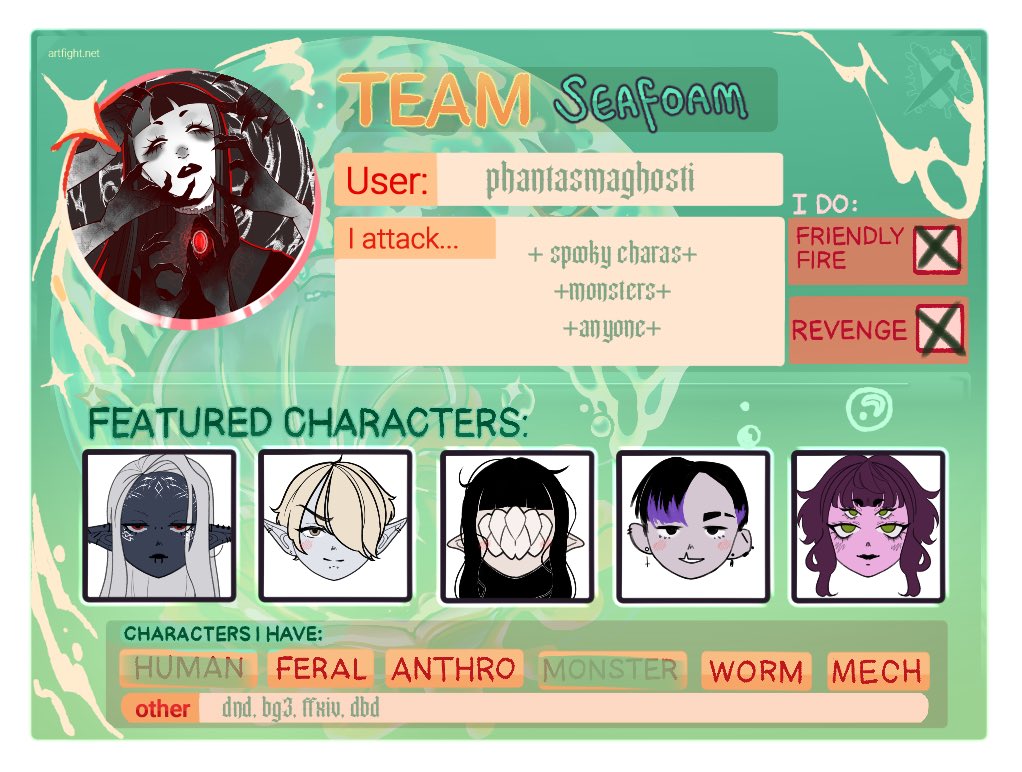 very late posting this but im doing #artfight 2024 🤘
i will be trying to do some in between tattooing and such~

#teamseafoam