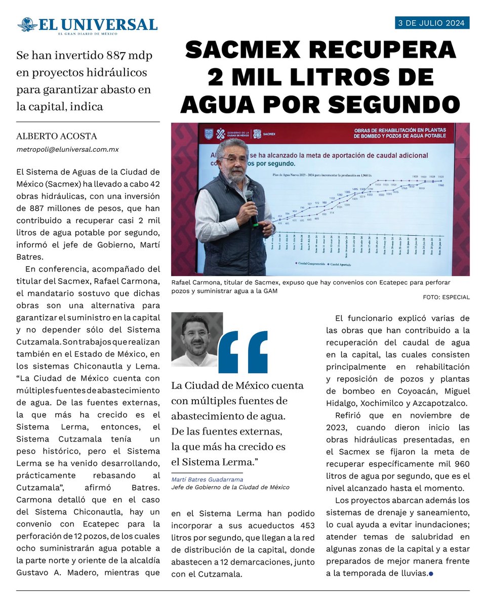 martibatres's tweet photo. Les comparto la nota de @El_Universal_Mx que da cuenta de que el @GobCDMX echó a andar una estrategia exitosa para recuperar 2 mil litros de agua potable por segundo para la Ciudad. https://t.co/HcmRrPoBiB