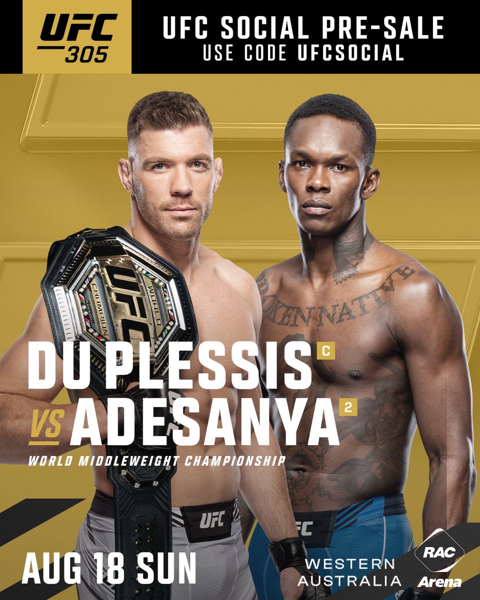 ufc's tweet photo. You're not gonna want to miss #UFC305 👀

Social pre-sale: https://t.co/9bA1K4vBt4 | Code: UFCSOCIAL

@WestAustralia | #WAtheDreamState https://t.co/1F0NXDgz2S