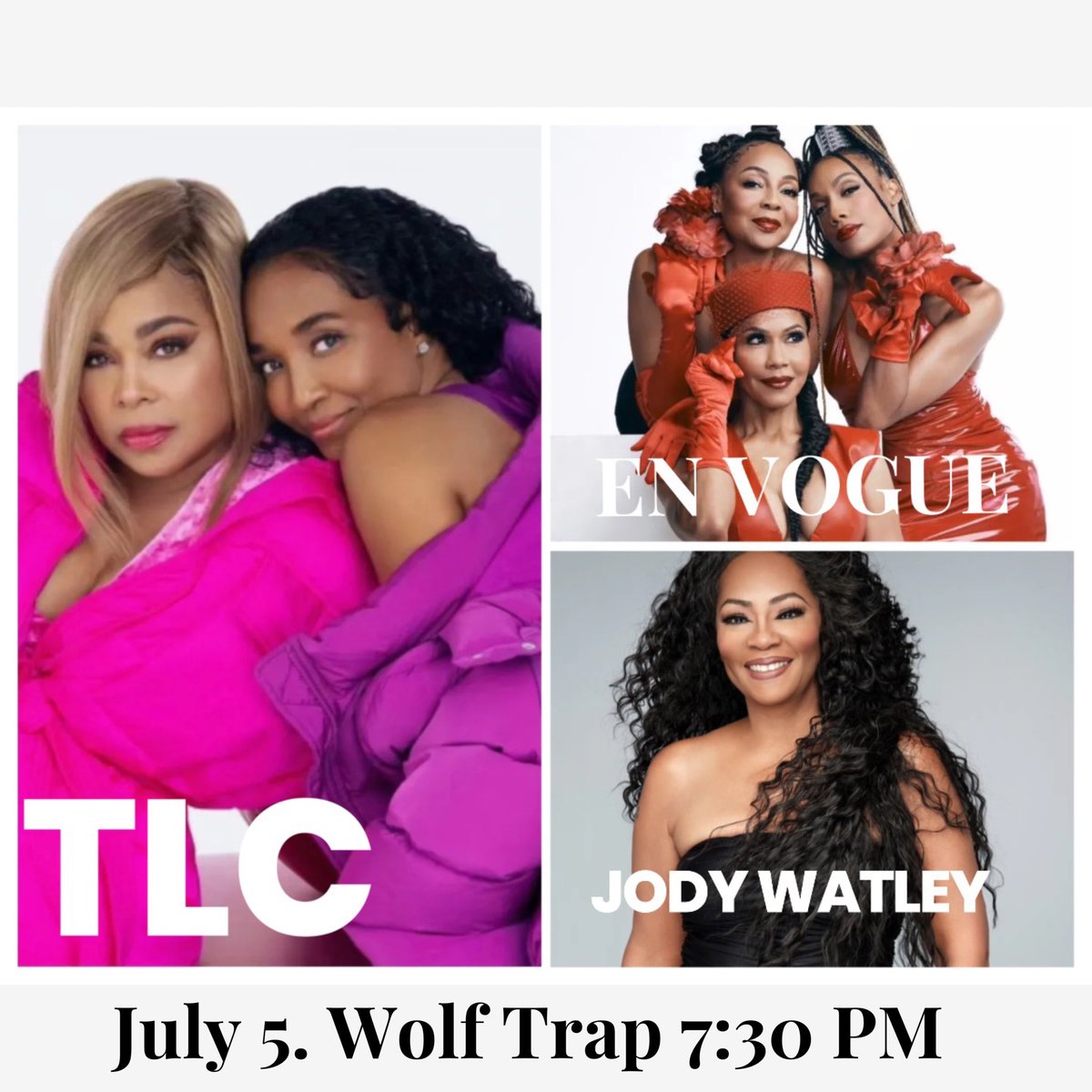 D.C./VA I’ll see you Friday July 5 <a href="/Wolf_Trap/">Wolf Trap</a> 7:30 PM with <a href="/EnVogueMusic/">En Vogue</a> <a href="/OfficialTLC/">TLC</a>  🔥🔥🔥🎶