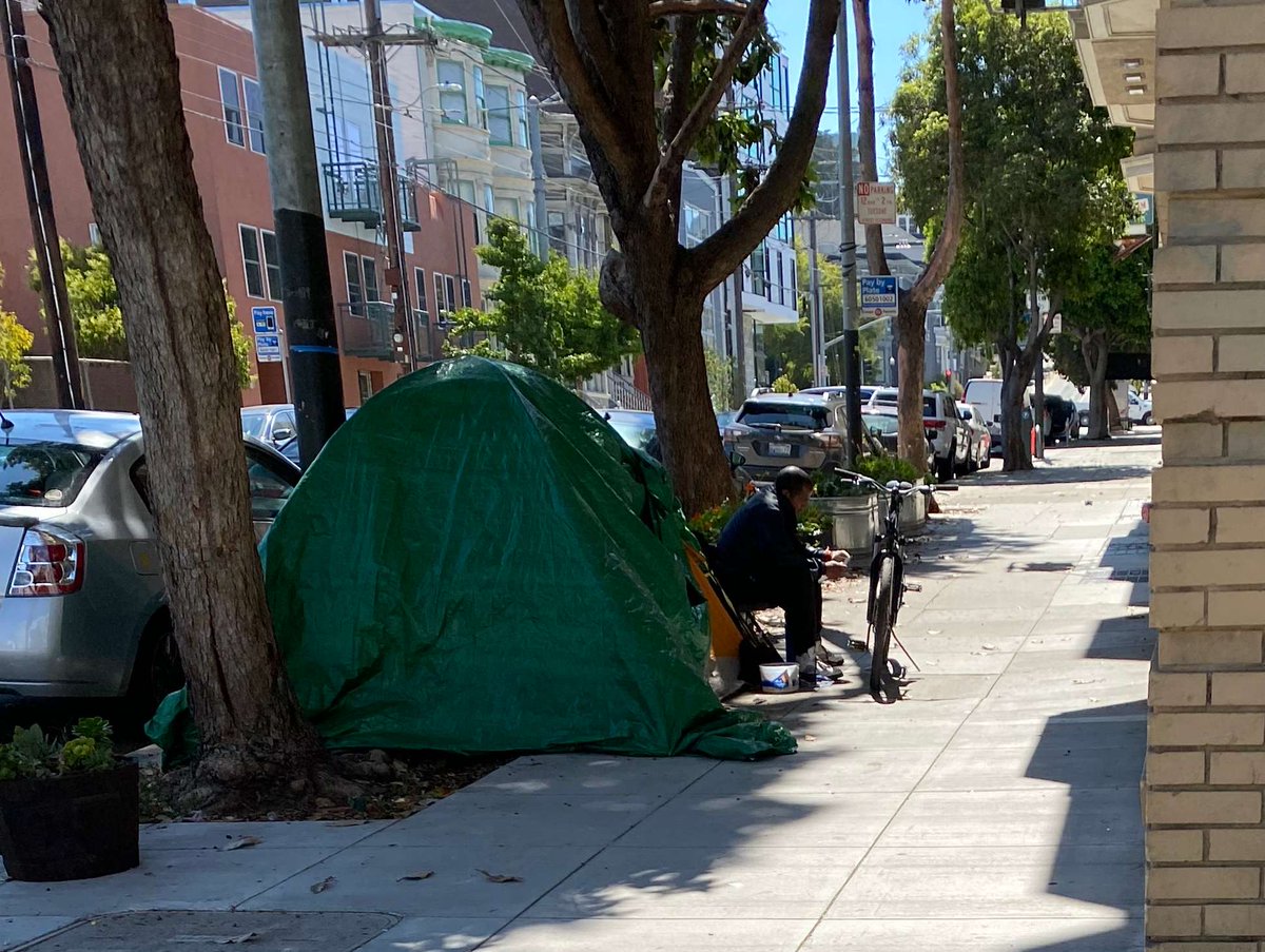 Scene in Hayes Valley on Page at Gough ... 

⛺️ 🐶➕man sharpening a 🔪