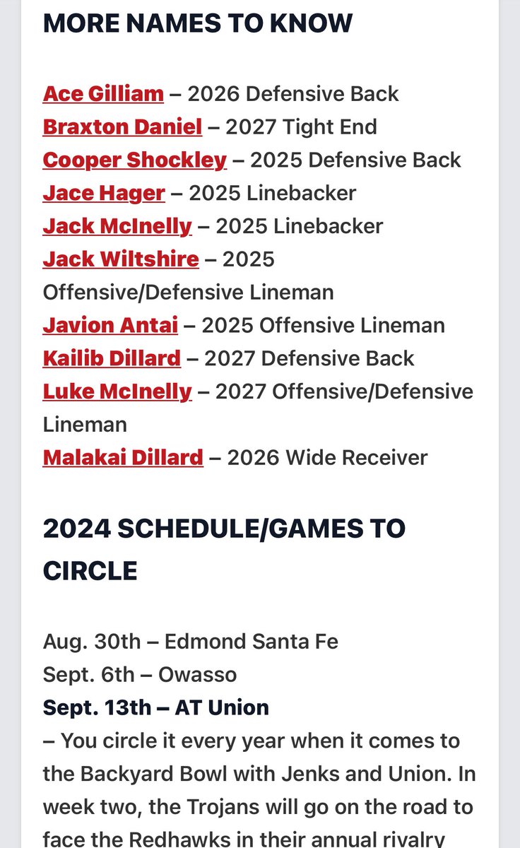Braxton Daniel (@braxton__daniel) on Twitter photo Thank you <a href="/PrepRedzoneOK/">Prep Redzone Oklahoma</a> for the shoutout in your latest article! Can’t wait to learn and grow with this new team and go win a State Title! 🏉🏉🏉
<a href="/JenksFootball/">JenksTrojanFootball</a> <a href="/jaywilkinson/">Jay Wilkinson</a> <a href="/CoachAdamGaylor/">Adam Gaylor</a> <a href="/RecruitJenksFB/">Recruit Jenks FB</a> Thank you <a href="/PrepRedzoneOK/">Prep Redzone Oklahoma</a> for the shoutout in your latest article! Can’t wait to learn and grow with this new team and go win a State Title! 🏉🏉🏉
<a href="/JenksFootball/">JenksTrojanFootball</a> <a href="/jaywilkinson/">Jay Wilkinson</a> <a href="/CoachAdamGaylor/">Adam Gaylor</a> <a href="/RecruitJenksFB/">Recruit Jenks FB</a>