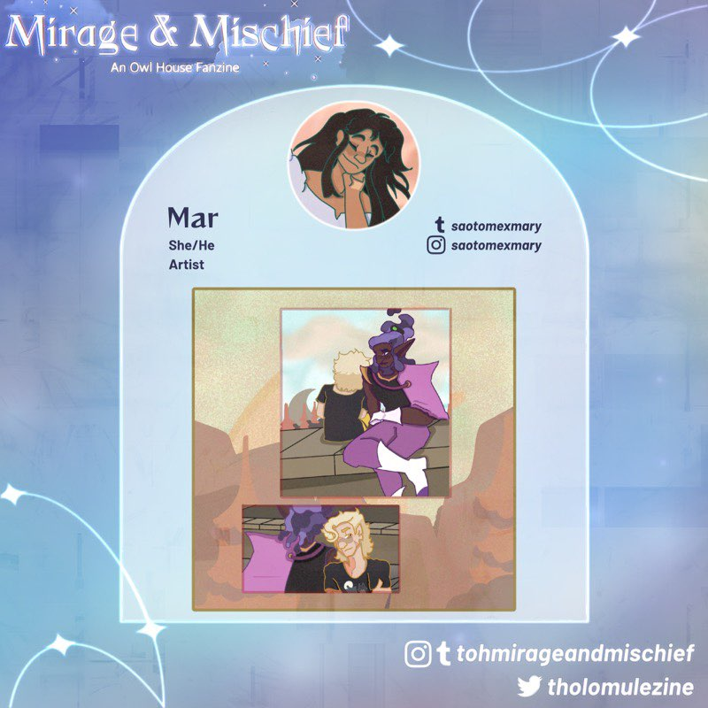 Kyran is one of the lovely artists for Mirage &amp; Mischief! 💙
You can find him on Tumblr as knockknockknockingonhootysdoor
• ⚔️👊🏾🪞 •
Mar is one of the lovely artists for Mirage &amp; Mischief! 💙
You can find him on Instagram saotomexmary and Tumblr as saotomexmary