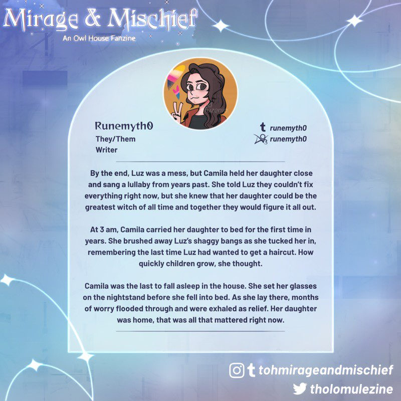 Roo is one of the lovely artists for Mirage &amp; Mischief! 💙
Check them out on Instagram and Tumblr as twogoldenflowers and Ao3 as TwoGoldenFlowers
• ⚔️👊🏾🪞 •
Introducing Runemyth0, one of the lovely writers for Mirage &amp; Mischief! 💙
Check them out on Tumblr/Ao3 as runemyth0