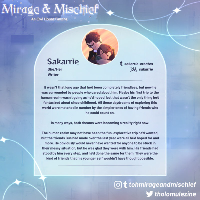 Sakamoto is one of the lovely artists for Mirage &amp; Mischief! 💙
Check her out on Instagram the._.sakamoto and Twitter as The_Sakamoto
• ⚔️👊🏾🪞 •
Sakarrie is one of the lovely writers for Mirage &amp; Mischief! 💙
Check her out on Tumblr as sakarrie-creates and Ao3 as sakarrie