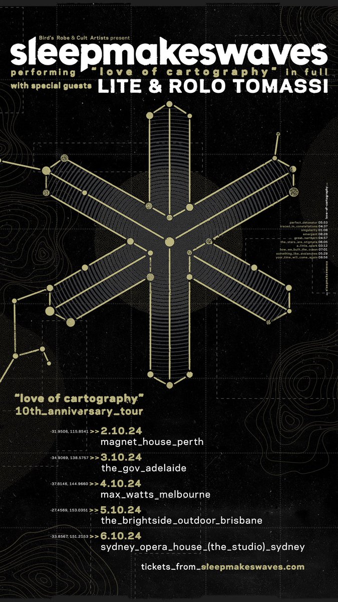 【NEW SHOW】
オーストラリアのバンド、sleepmakeswavesの2ndアルバム『Love of Cartography 』の10周年を祝したツアーに参加することになりました！初のオーストラリアでのライブ楽しみです！

We can’t wait to perform in Australia for the first time! We’re joining sleepmakeswaves for the
