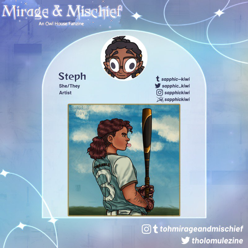 Introducing Steph, one of the lovely artists for Mirage &amp; Mischief! 💙
Check them out on Instagram @/sapphickiwi , Tumblr as sapphic—kiwi, Twitter as sapphic_kiwi and Ao3 as sapphickiwi
• ⚔️👊🏾🪞 •