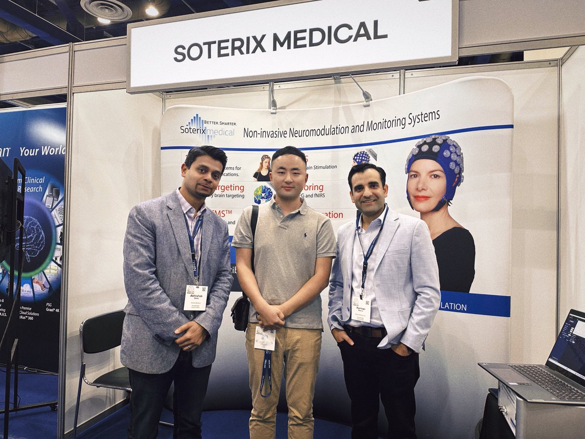 Brainsaise's tweet photo. I had the honor of attending #OHBM2024  in June. I was very excited to see Soterix's latest MxN-GOEEG device and take a photo with the #Soterix expert team. If researchers in China are interested in Soterix products, please feel free to contact us.@SoterixMedical #China https://t.co/6hf3gE0e9V