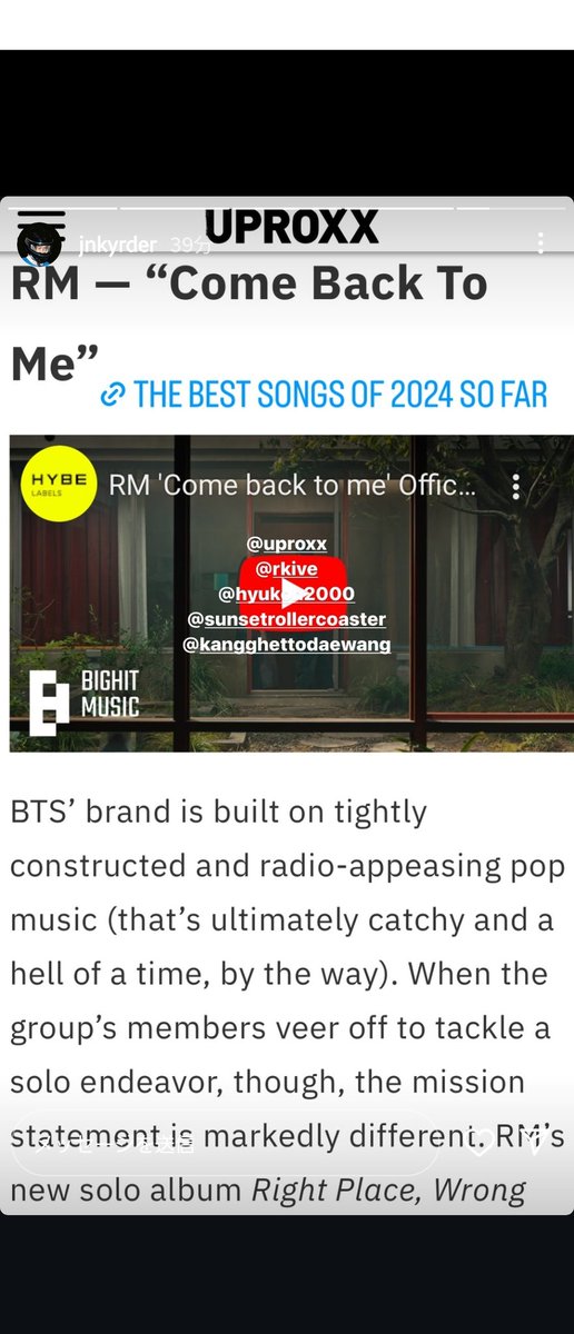 usagi384's tweet photo. Jnkyrder Instagram story 240704
UPROXX
ใThe Best Songs Of 2024 So Farใ
RM - โCome back to meโ
#ComebacktomebyRM #RM
#RightPlaceWrongPersonByRM https://t.co/OrHWnAfLYd