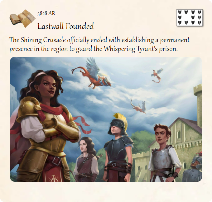 GolarionToday's tweet photo. 3828 AR: Lastwall Founded
#Lastwall #ShiningCrusade #3828AR
https://t.co/xIFmUxLedC
The Shining Crusade officially ended with establishing a permanent presence in the region to guard the Whispering Tyrant's prison. https://t.co/bLSCG4hRWS