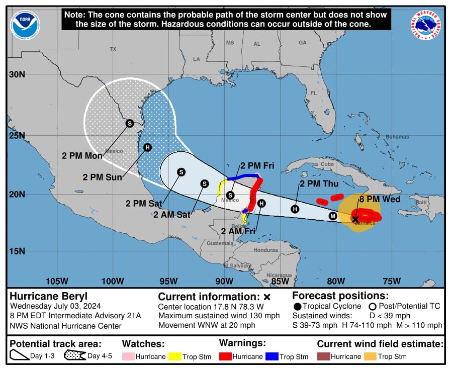 ProtCivil_QRoo's tweet photo. La @ProtCivil_QRoo informa que, con base a la información emitida por el Centro Nacional de Huracanes de Miami, Florida, Estados Unidos, y difundida por el Servicio Meteorológico Nacional sobre el seguimiento y vigilancia para el océano Atlántico, Mar Caribe y Golfo de México; 

El centro del huracán Beryl de categoría 4 en la escala Saffir-Simpson, se localiza a 160 km al oeste-suroeste de Kingston, Jamaica y a 975 km al este-sureste de Cancún, Q. Roo., y a 980 km al este de Punta Herrero, Q. Roo. Presenta vientos máximos sostenidos de 215 km/h y rachas de 265 km/h y desplazamiento hacia el oeste-noroeste a 31 km/h. Por el momento el sistema no afecta a costas nacionales, sin embargo, se ha modificado la zona de prevención por efectos de huracán desde Puerto Costa Maya hasta Cancún, Q. Roo., zona de vigilancia por efectos de huracán desde Chetumal hasta Puerto Costa Maya, Q. Roo., y desde Cancún hasta Cabo Catoche, Q. Roo., zona de prevención por efecto de tormenta tropical desde Cancún Q. Roo., hasta Progreso, Yuc., zona de vigilancia por efectos de tormenta tropical desde Progreso, Yuc., hasta Campeche, Camp. Se prevé que a partir del día jueves, las bandas nubosas de Beryl ocasionen lluvias intensas a puntuales torrenciales, rachas fuertes de viento y oleaje elevado en la Península de Yucatán. Se mantiene Alerta Amarilla para el estado de Quintana Roo.

Se mantiene en vigilancia permanente y se informa ante cualquier cambio significativo.