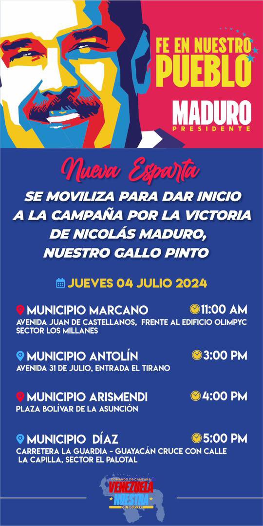 Este 4 julio comienza la recta final para la #victoriaperfecta y para eso #NuevaEsparta se moviliza en respaldo a nuestro #GalloPinto Desde las 11 am. Realizaremos marchas en los municipios: Marcano, Antolín del Campo, Arismendi y Díaz 🇻🇪 vamos todos a participar en esta muestra