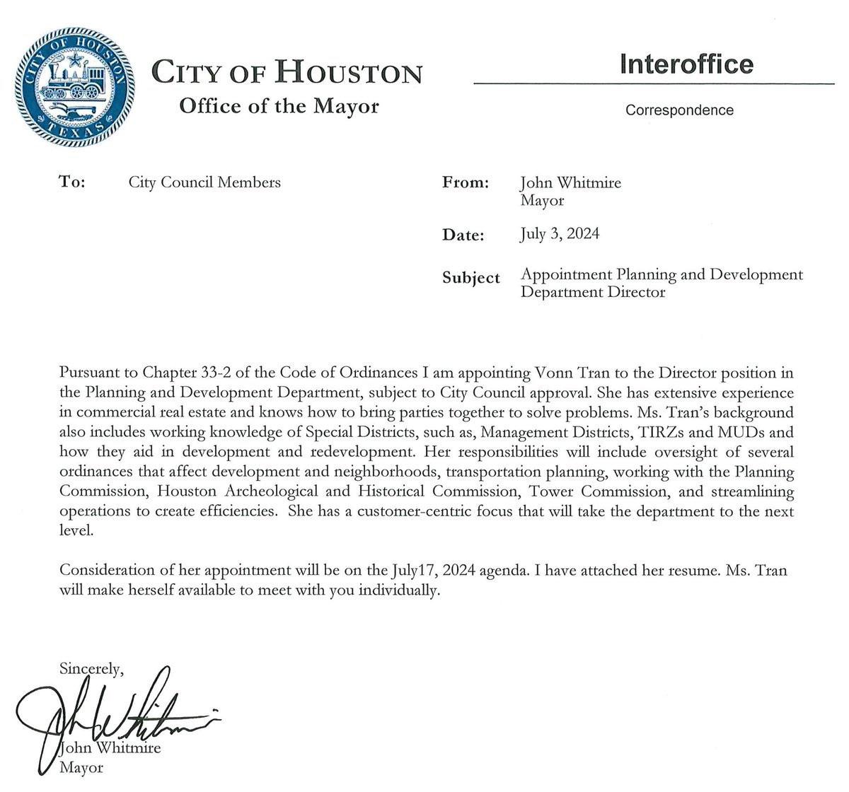 News: Mayor <a href="/whitmire_john/">John Whitmire</a> appoints Vonn Tran, a longtime commercial real estate manager, as the city's planning director pending approval from City Council on July 27. 

Interim planning director Jennifer Ostlind will retire from the city effective July 26