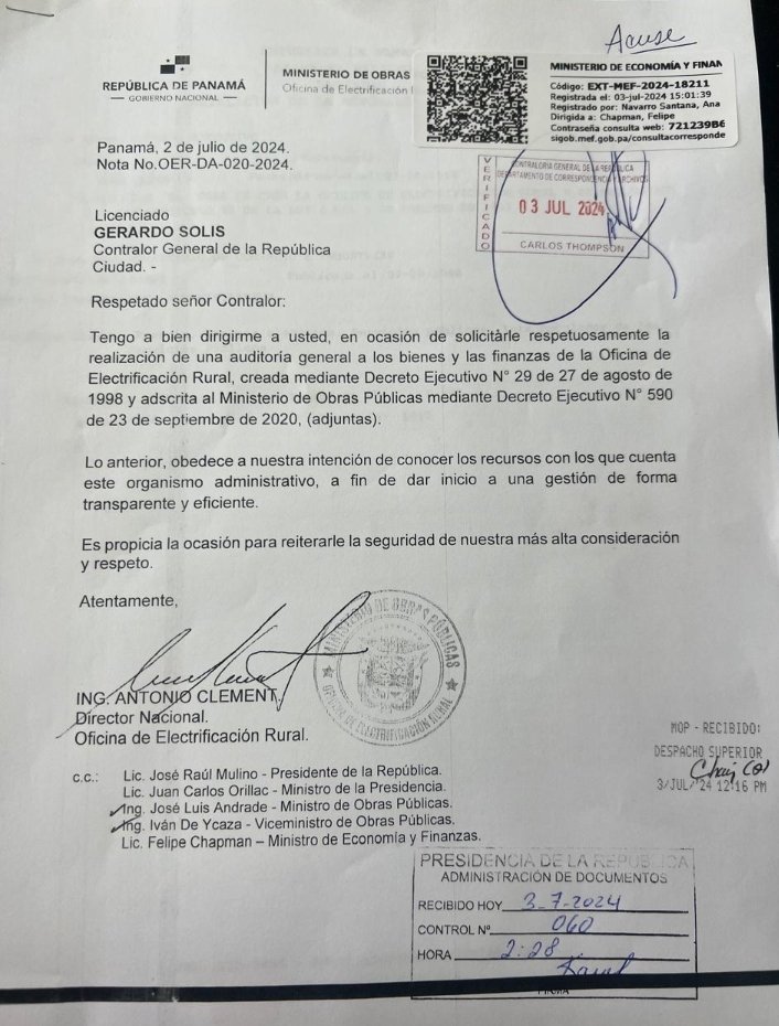 <a href="/JoseRaulMulino/">José Raúl Mulino</a> <a href="/Mef_Pma/">Ministerio de Economía y Finanzas de Panamá</a> <a href="/ContraloriaPma/">Contraloría General de la República de Panamá</a> <a href="/AsepPanama/">ASEP Panamá</a> Siguiendo con la instrucciónes de nuestro presidente <a href="/JoseRaulMulino/">José Raúl Mulino</a>:
 
Transparencia, 
Formalidad
Honestidad
Cuentas claras
Hacer las cosas bien,

Hoy presentamos a contraloría, la solicitud de audito integral, que nos permita enseñar a la nación, el estado que recibimos la OER