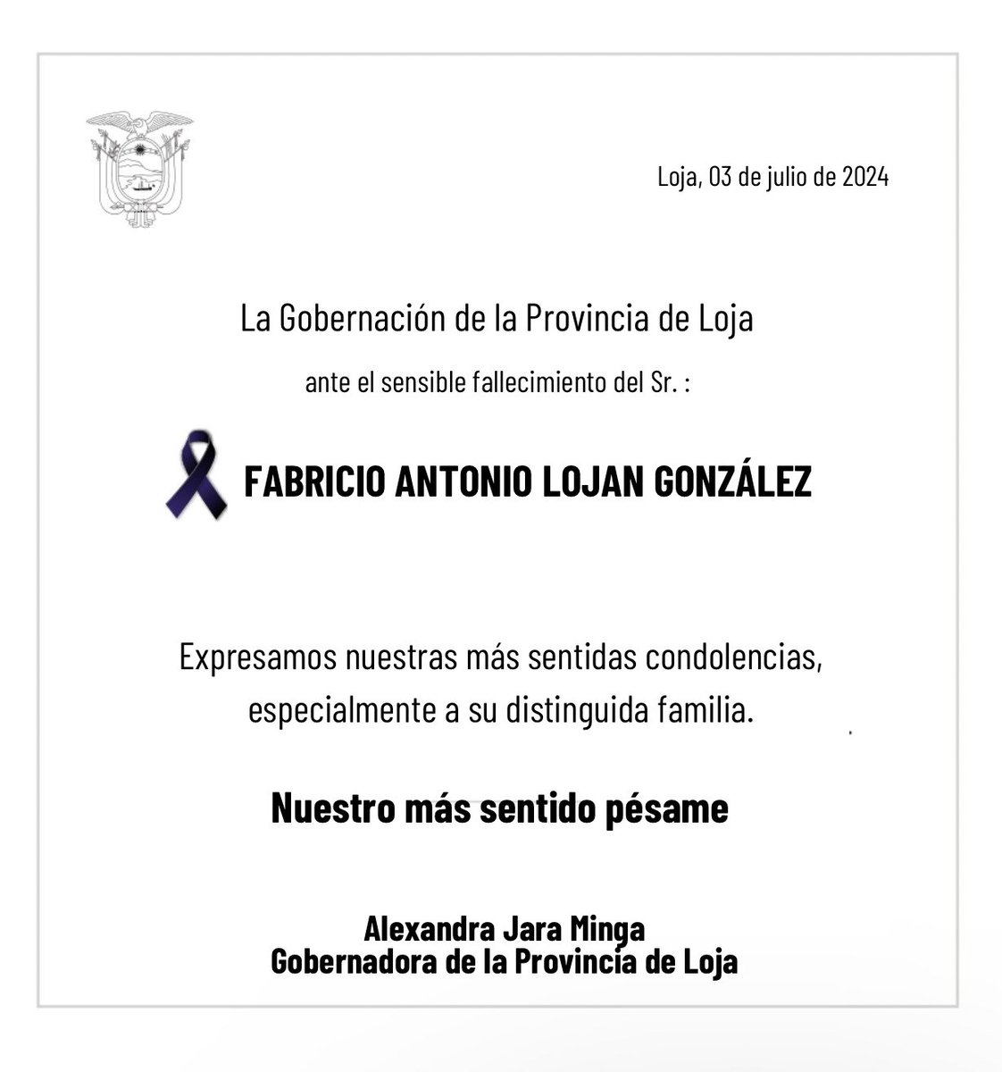 🕊️🤍
A nombre de la Gobernación de la provincia de Loja expresamos nuestra sentida nota de pesar