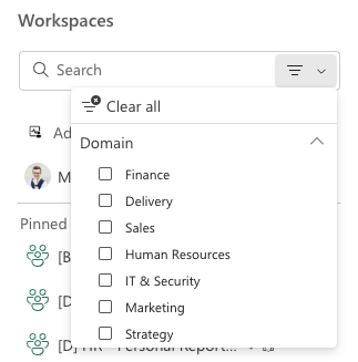 tpnRel1's tweet photo. Wow, a new filter on workspaces has been added to domains! Love it! It has just appeared in our production.

I am so happy how domains are now getting more and more integrated.

#MicrosoftFabric https://t.co/lN6PVVyhEx