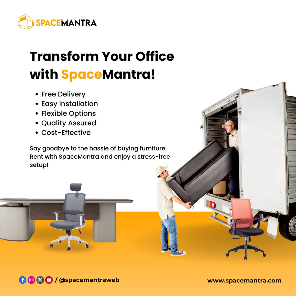 Enjoy a seamless experience with SpaceMantra. We handle everything, so you can focus on work.   

Get your dream office here: bit.ly/3HRJoWB   

#SpaceMantra #freedelivery #OfficeFurniture #furnituredesign #homeoffice #freeinstallation #rentals #workspacedesign #chairs