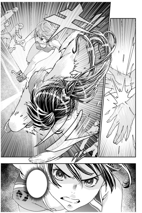 今描いている漫画ではあまりアクションとか描けないので、たまーにあるこう言うシーンとか、見開き構図をダイナミックにしてる。>RT 