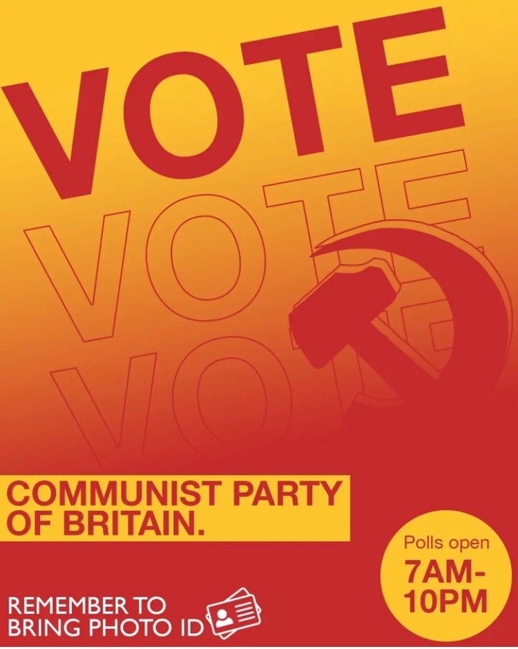 CPB_London's tweet photo. The time has come! #votecommunist 

We’re backing our Lewisham North candidate @Snelling4MP 

The struggle is ongoing and whilst Labour may win a majority we must hold them to their meagre promises. 

Join us and fight for real #socialism 

Our flag stays red. https://t.co/qpJxNtqhfm