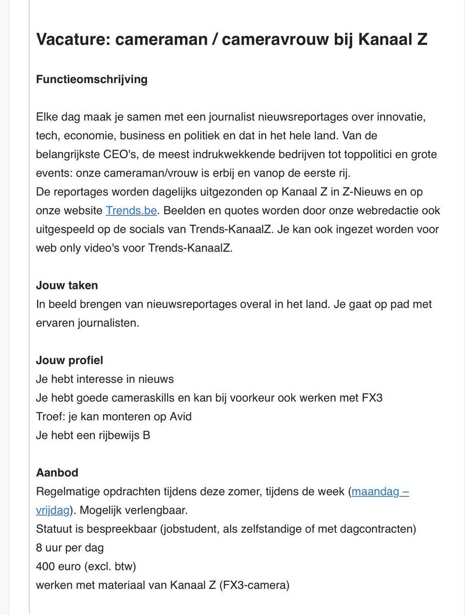 Vacature 📣
We zijn @TrendsKanaalZ op zoek naar extra freelance cameramensen 🎥📷🤳

Join the squad 👊 - mailen naar collega @BramDeschamps op bram.deschamps@trendskanaalz.be 👉