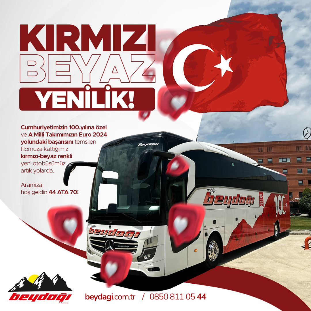 KIRMIZI BEYAZ YENİLİK! ❤️🤍

Cumhuriyetimizin 100.yılına özel ve A Milli Takımımızın Euro 2024 yolundaki başarısını temsilen filomuza kattığımız kırmızı-beyaz renkli yeni otobüsümüz artık yollarda.

Aramıza hoş geldin 44 ATA 70! 🥳

0850 811 05 44
beydagi.com.tr