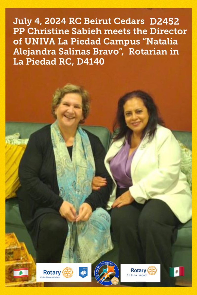 July 4, 2024
<a href="/RCBeirutCedars/">ʀᴏᴛᴀʀʏ ᴄʟᴜʙ ʙᴇɪʀᴜᴛ ᴄᴇᴅᴀʀs</a> D2452 PP <a href="/Christinesabieh/">Dr Christine Sabieh</a> meets the Director of <a href="/LaPiedadUNIVA/">UNIVALaPiedad</a> Campus Natalia Alejandra Salinas Bravo, Rotarian in La Piedad RC D4140 🇱🇧🇲🇽