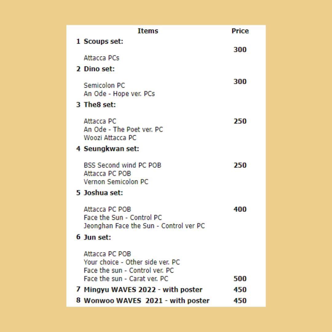 yellowons's tweet image. wts lfb ph

seventeen quitting sale 💣❤️‍🩹
•sold in sets
•will send status of PCs via dm

mop: bpi/maya/gcash
mod: lbc/gogoex/jnt 
rfs: need fundsz &amp;lt;\3

tags\ svt seventeen attacca your choice waves an ode pob jun scientist jeonghan phone dino an ode