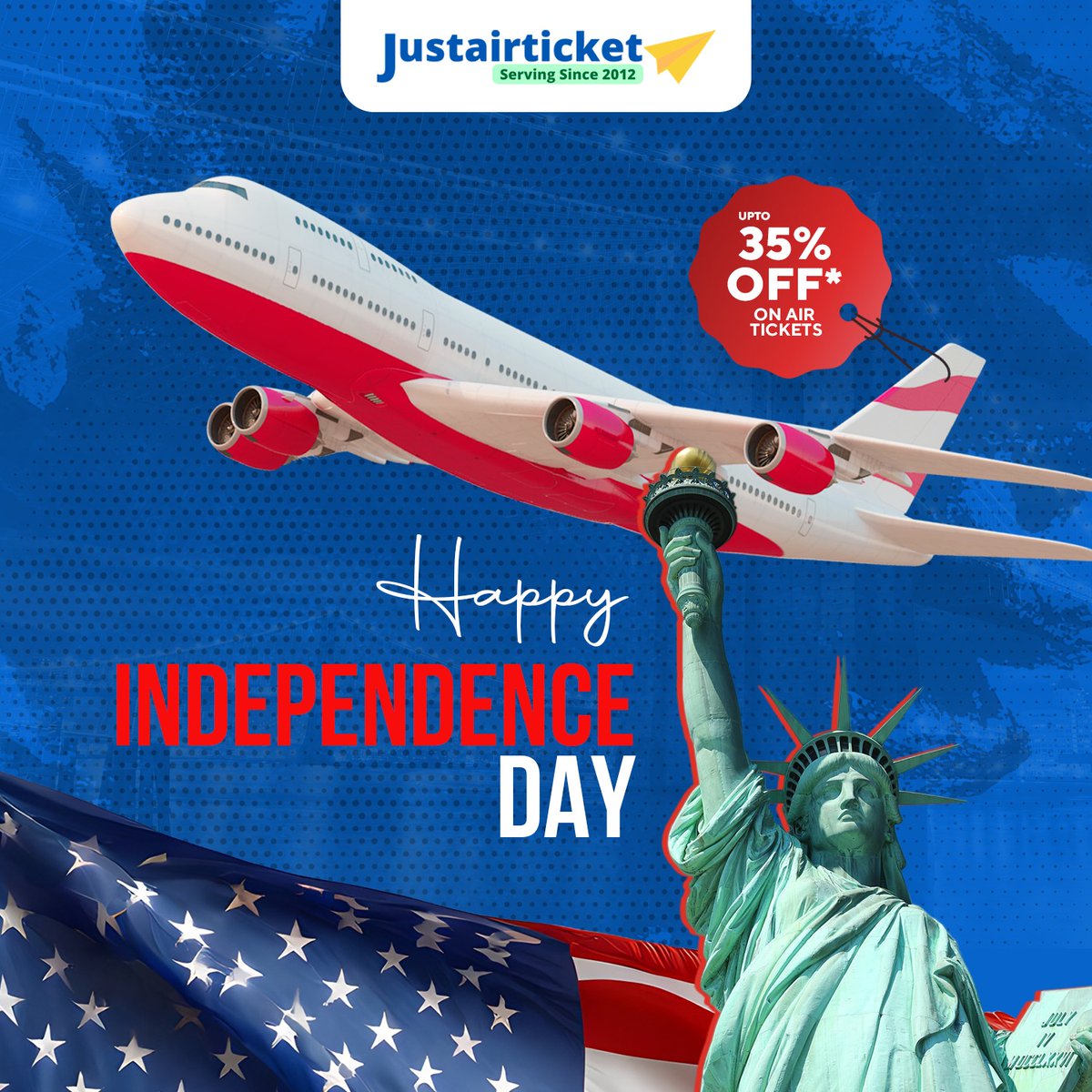 Justairticket's tweet photo. 🇺🇸 Celebrate Independence Day with Freedom in the Skies! 🎆✈️ Enjoy up to 35% OFF*on air tickets. Fly high, fly free, and make this 4th of July unforgettable. Book now! #IndependenceDay #4thofJuly  #TravelDeals #FlyWithUs #UnitedStates #USAIR https://t.co/lYW7e0oAg1