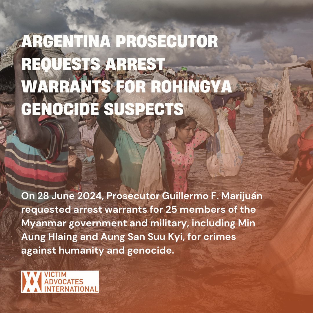 humanusofficial's tweet image. On 28 June 2024, Argentine Prosecutor Guillermo F. Marijuán requested arrest warrants for 25 Myanmar officials in the #UniversalJurisdiction case, including Min Aung Hlaing and Aung San Suu Kyi, for crimes against the Rohingya. A significant step toward justice for #Rohingya.