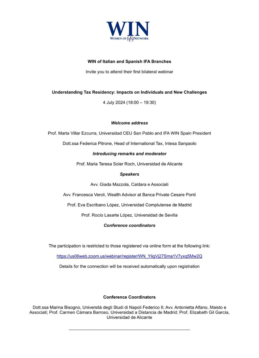 📢Today is the day! We invite you to attend our bilateral webinar with WIN Italy on "Understanding Tax Residency: Impacts on Individuals and New Challenges"
<a href="/evaescribanotax/">Eva Escribano</a> <a href="/MVE6/">mve</a> @GlobalIFA <a href="/ifa_women/">Women of IFA Network</a>
👇 You can still register
us06web.zoom.us/webinar/regist…
ℹ️ Check the amazing program