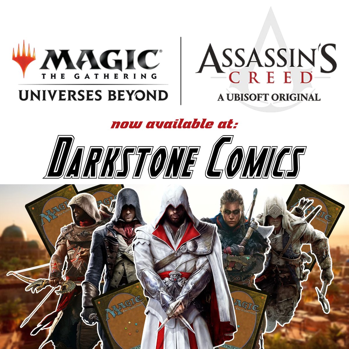 DarkstoneComics's tweet photo. Nothing is true, except that Magic the Gathering's latest Universes Beyond set: Assassin's Creed is now available at Darkstone Comics! We have booster packs and collector sets for purchase both in-store and online. Get them before the Templars claim them all! https://t.co/9gGFesHGga