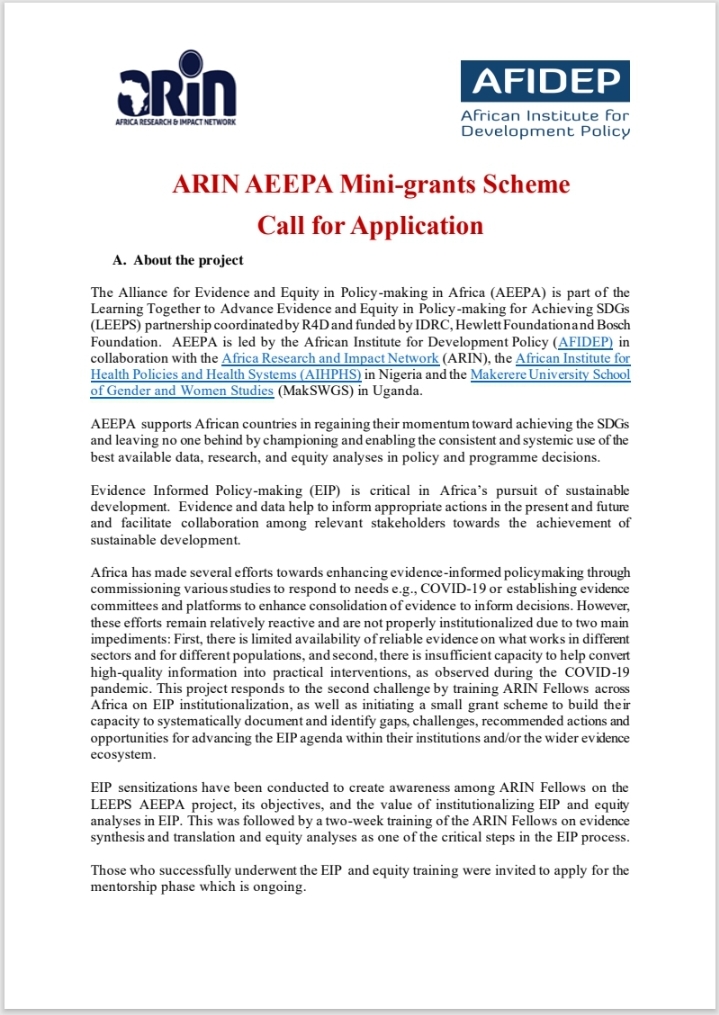 arin_africa's tweet image. Want to elevate evidence-informed policymaking in your country? Apply for @arin_africa  #AEEPA Mini-grants and get funding for case studies on #EIP leadership, financing, or technical capacity.
Apply now: shorturl.at/jUOX9
#EIP #Africa #Grants #Opportunity