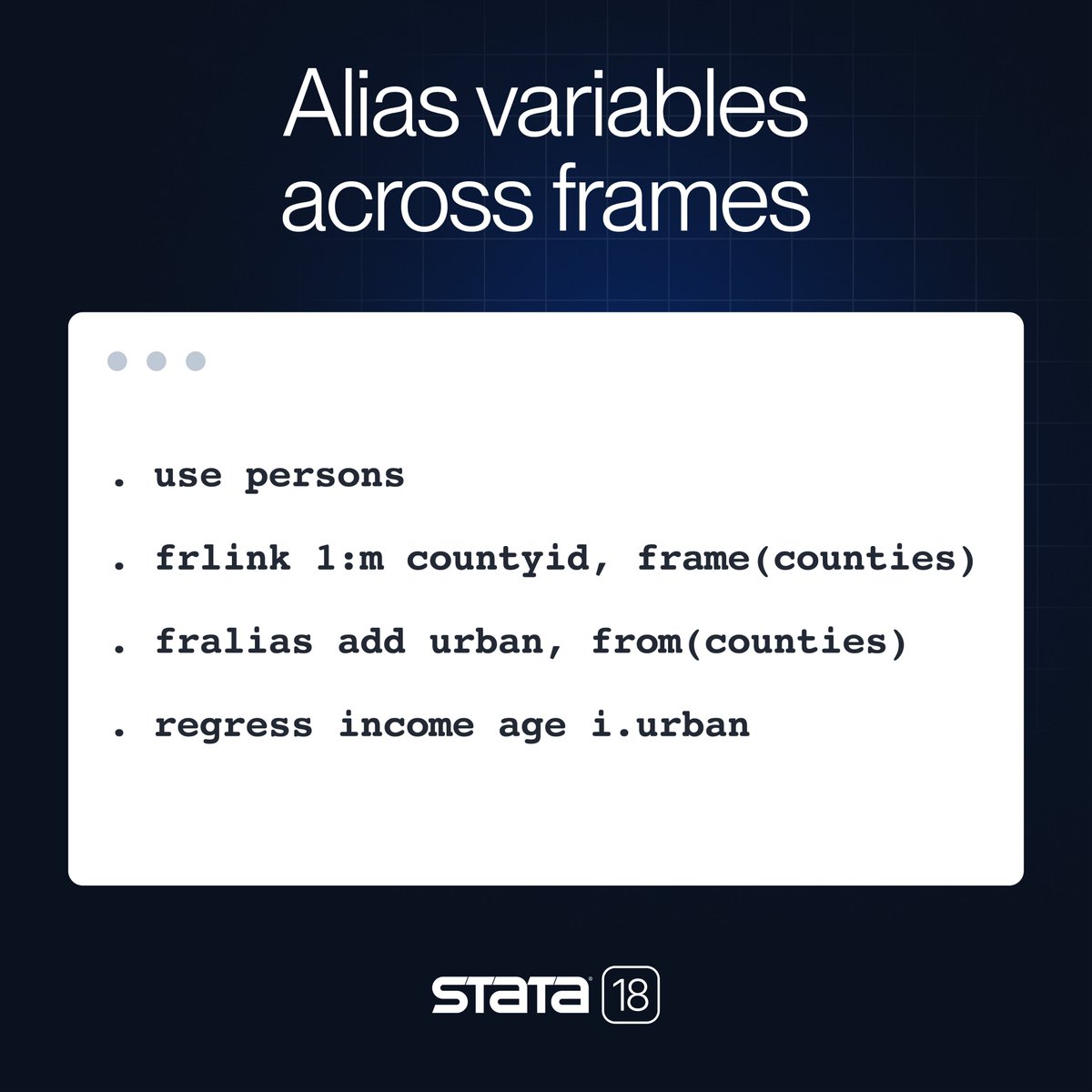 SDAS_ANZ's tweet photo. New in #Stata18 - Alias variables across #frames! Use the new #fralias command to create alias variables across linked frames to easily perform analyses using variables stored in separate frames. Learn more from this #PreviewVideo! https://t.co/bUUx6IQuBp https://t.co/avtFeDkCuV