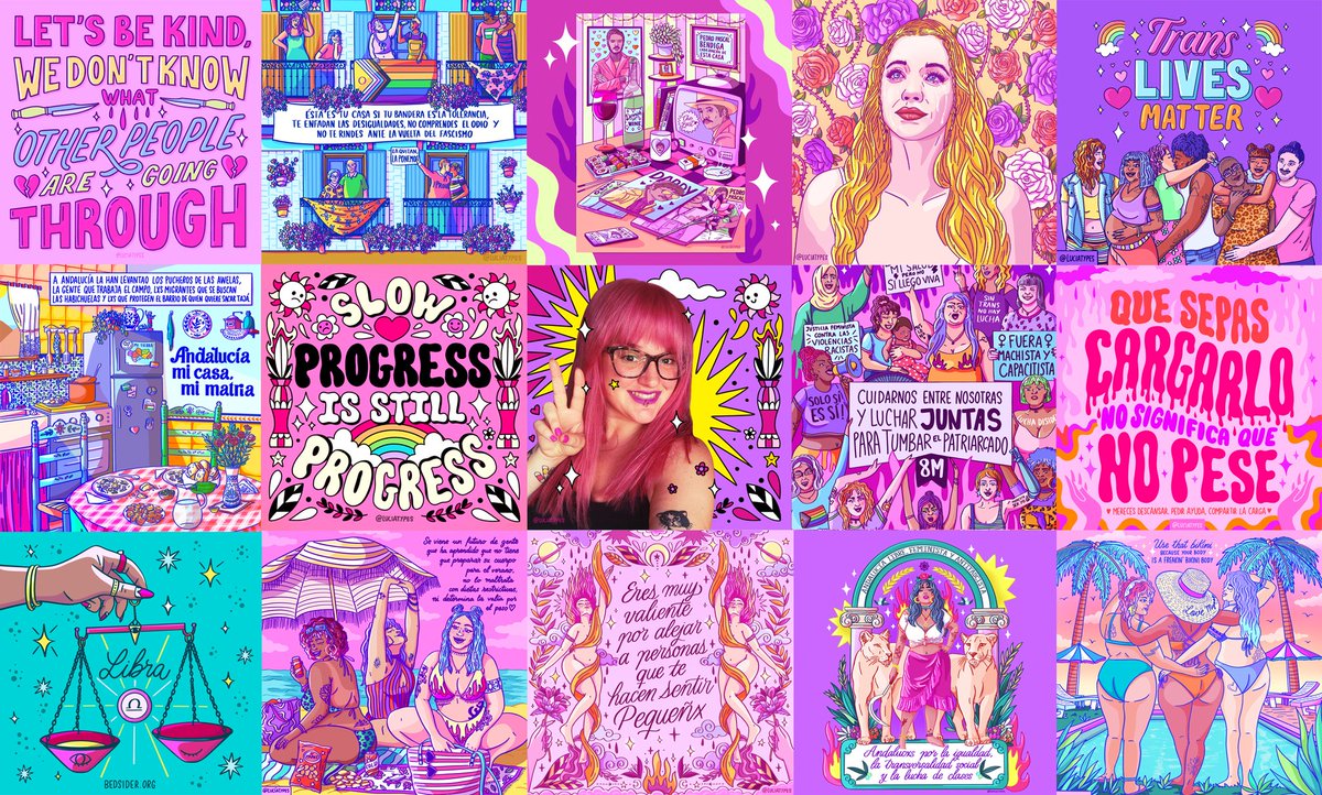 Me llamo Lucía y soy una ilustradora y artista de lettering andaluza muy apañá💖 A través de colores vibrantes canalizo cómo me siento y hablo sobre #SaludMental, #gordofobia y #aceptacion ✨ Busco proyectos interesantes para colaborar y aportar con mi arte💜 #ilustraciondigital