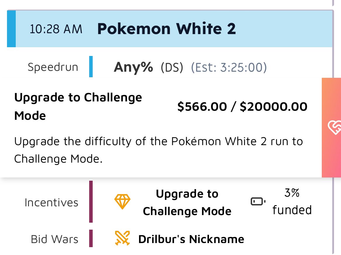 My #SGDQ2024 White 2 incentives are live! If you want to make me suffer, make sure to donate for Challenge Mode! We need $20k raised by 10:30am Central tomorrow in order to upgrade the run. Let’s get it!

Theres also a bidwar for Drilbur’s nickname. Get creative!