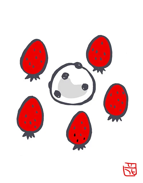 いちごに囲まれる豆大福。#豆大福シリーズ 